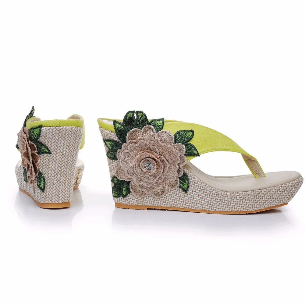 Summer new PU herringbone clip-on slippers waterproof platform wedge high heel embroidered large size small size women's sandals