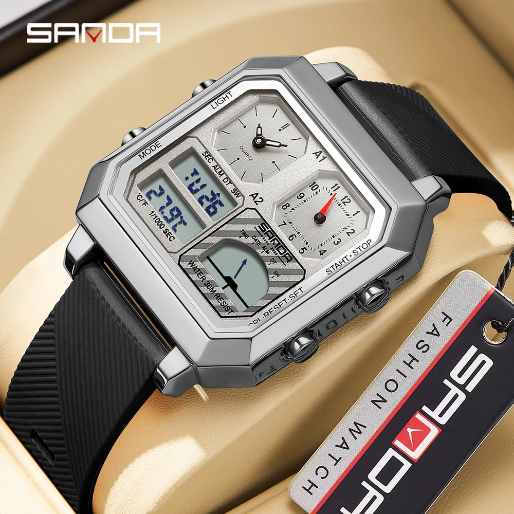 SANDA Male Student Electronic Digital Watch Multi functional Waterproof LED Dual Display Calendar Men's Electronic Watch 6210