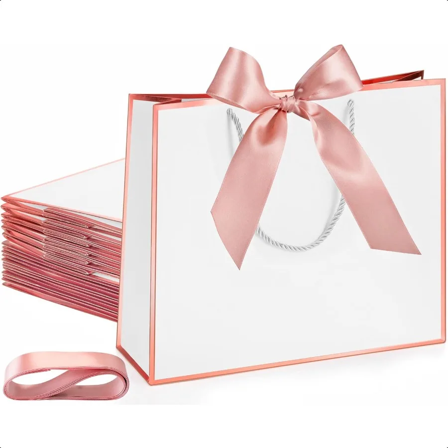 

12 Pcs Thank You Gift Bags with Handle 11.8x10x4'' Welcome Bags Return Gifts with Bow Ribbon for Bridesmaid Baby Shower Mother'