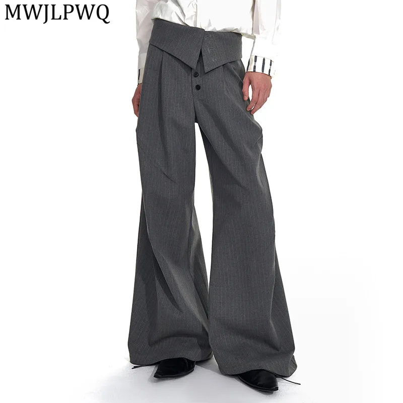 

MWJLPWQ Foldable Waistband Stripes Design Gray Suit Pants Men's Button Placket High Street Loose Casual Trousers Autumn 11742