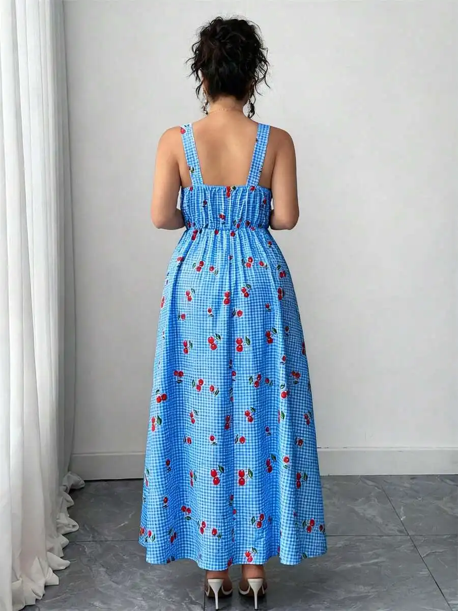 

Elegant Sleeveless Plaid Cherry Print Maxi Dress For Women