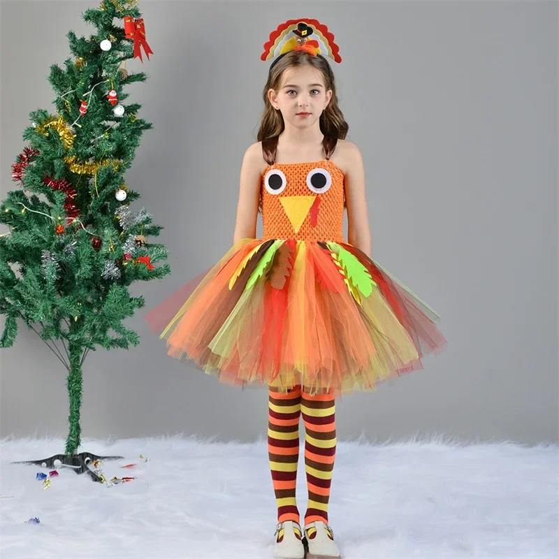 Girls Thanksgiving Cosplay Costume Sleeveless Turkey Tulle Dress Headband Socks Sets for Cosplay Party