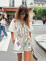 Damesmode Bedrukt Jumpsuit Met Vetersluiting Casual V-Hals Poff Korte Mouw Romper Met Hoge Taille 2024 Zomer Dames Elegante Street Outfit