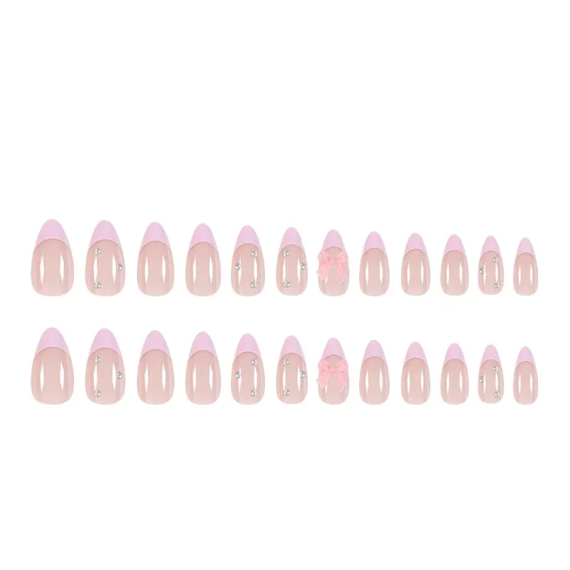 24Pcs Almond Press on Nails Pink Edges Pearl 3d Bows Girls Women Wearable Fake Nails Set New Short Oval French Medium Cute Nail