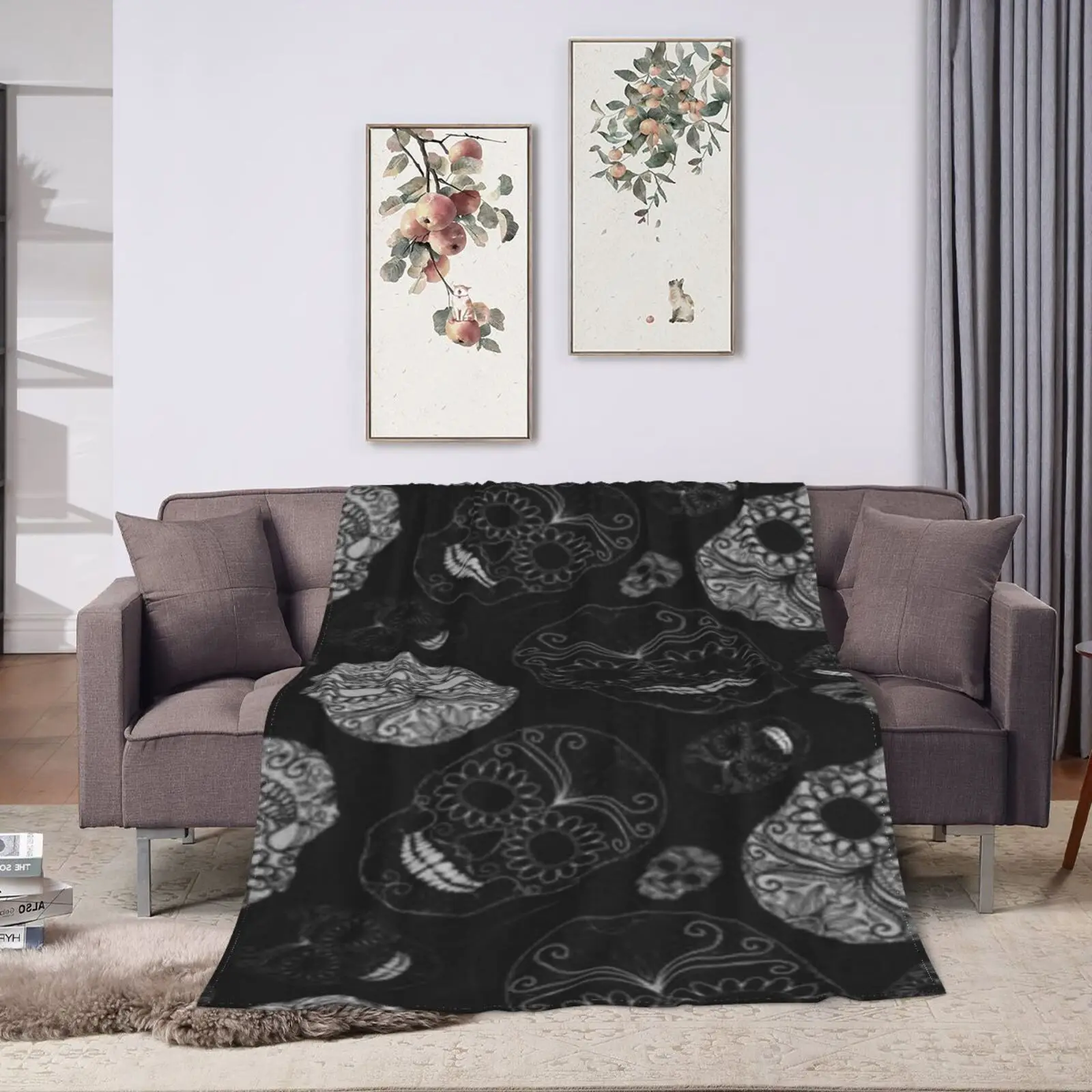 해골과 보라색 달 디자인 소프트 플란넬 플리스 담요 - 소파, 침대, 소파용 경량 마이크로파이버 아늑한 담요