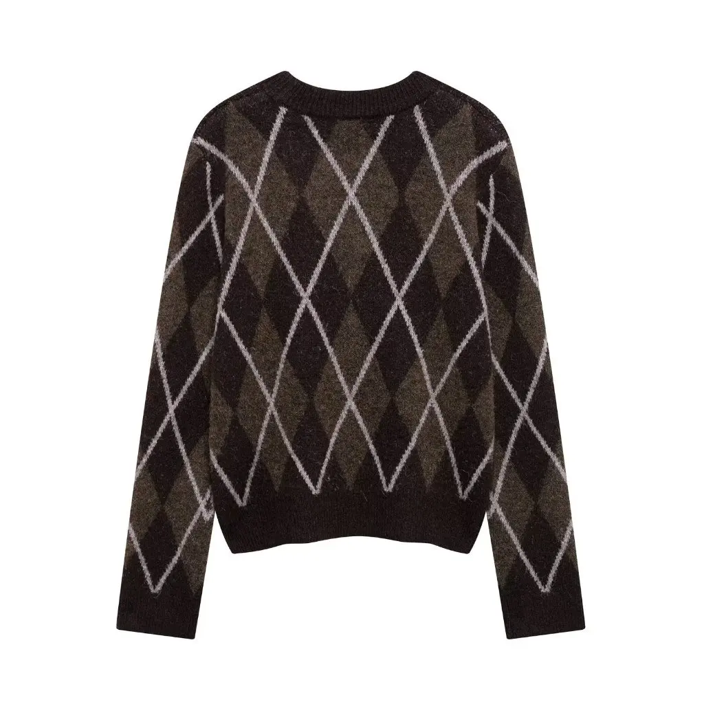 

European And American Fashion Diamond-Shaped Knitted Top Long Sleeve round Neck Pullover Women's Spring New A35802