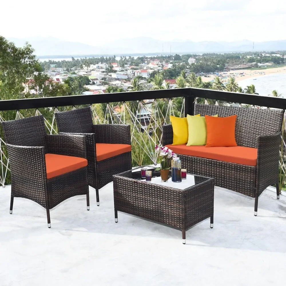 

4-Piece Rattan Patio Furniture Set, Outdoor Sofa Table Set with Tempered Glass Coffee Table, Thick Cushion, Wicker Conve