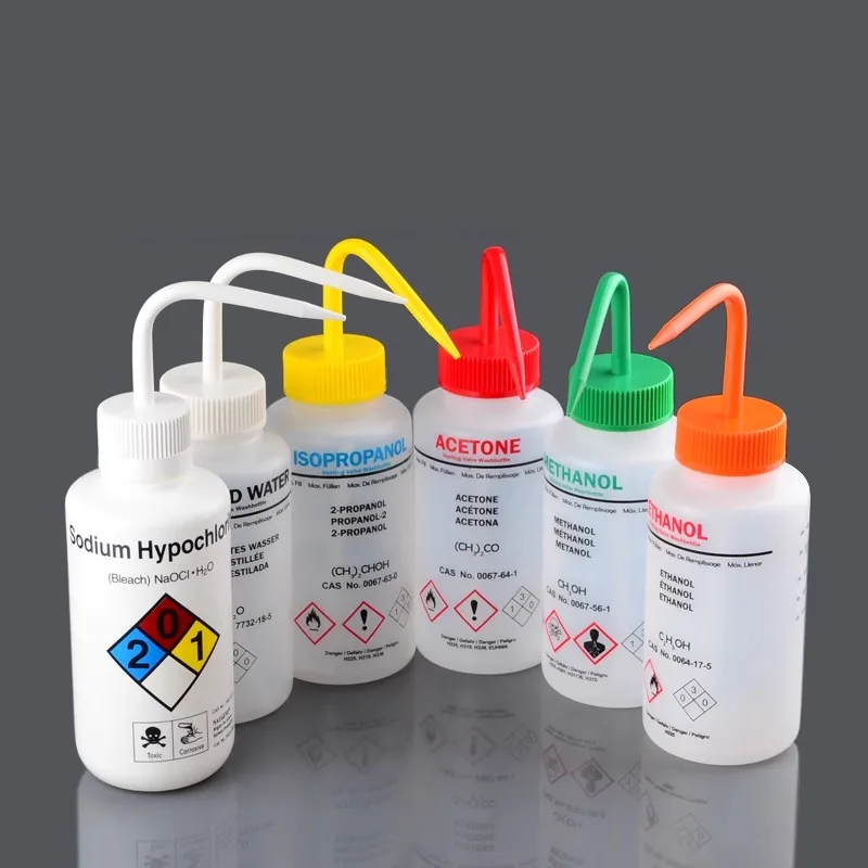 

2 шт./лот, 250 мл/500 мл, лабораторная бутылка для промывки, безопасная бутылка для очистки, бутылка для промывки с изогнутым носиком