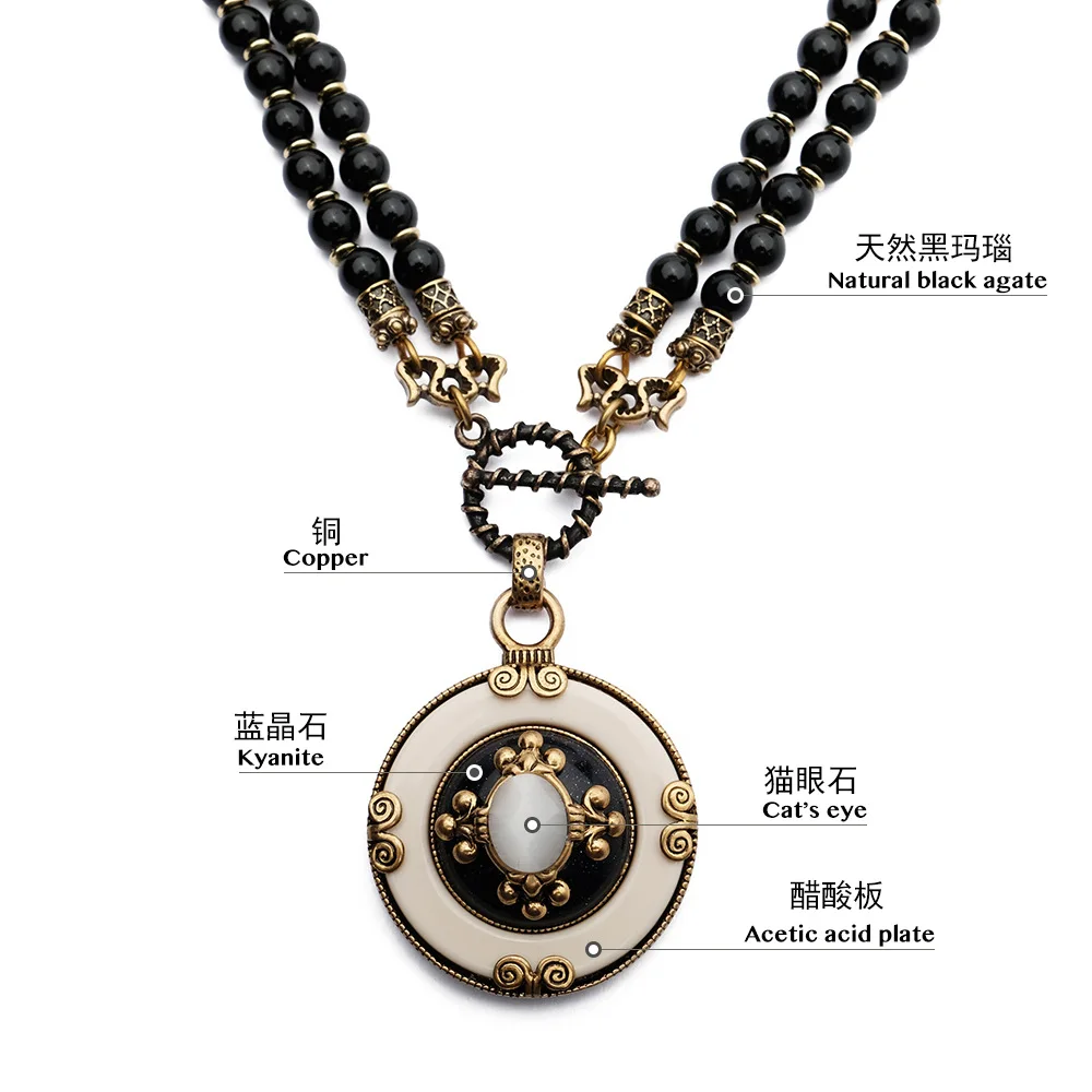 Europe America Natural Stone Black Agate Pendant Luxury Necklace Women Vintage Top Quality Jewelry Trend