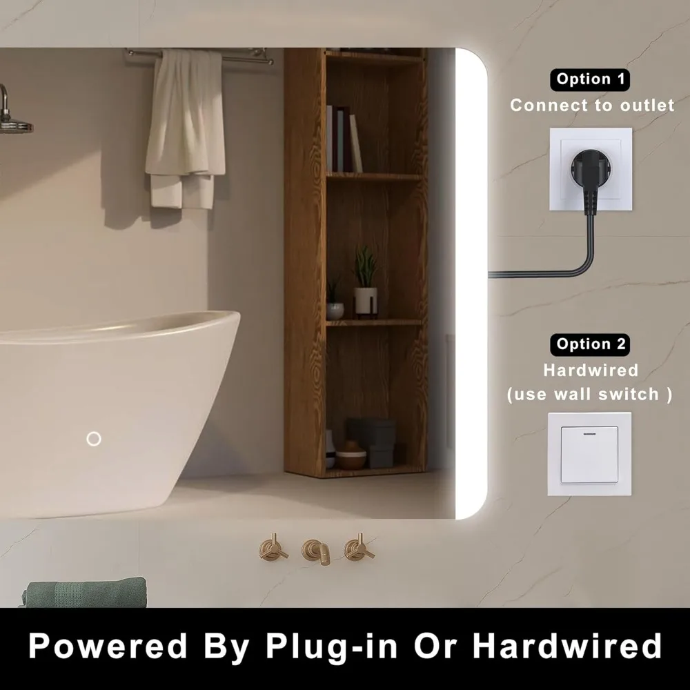 Rectangular Backlit LED Bathroom Vanity Mirror with Rounded Corners, Shatter-Resistant, Dimmable