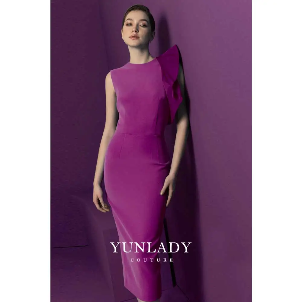 YUNLAN Saudi Arabian Wedding Mother of the Bride Purple Round Neck Midi Evening Dress Vietnam 2024 Reunion Ruffle Party Dress