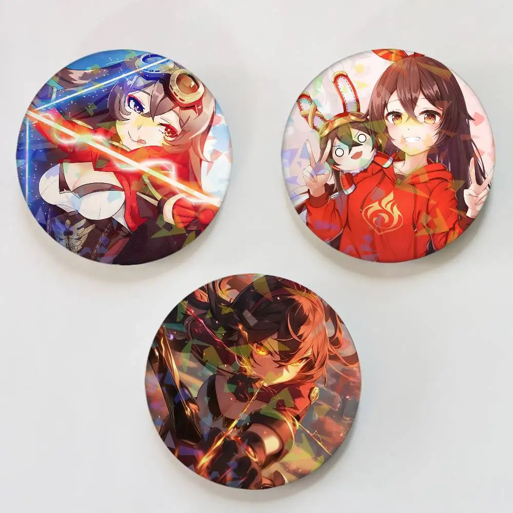 Genshin Impact Amber Round Laser Badge Brooch Clothes Backpack Accessories Lapel Decoration Gift