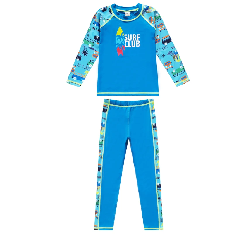 

Kids Long Sleeve Swimsuit Children Blue Car Print Swimwear Two Pieces Sport Style Bathing Suit UPF 50+ Beachwear