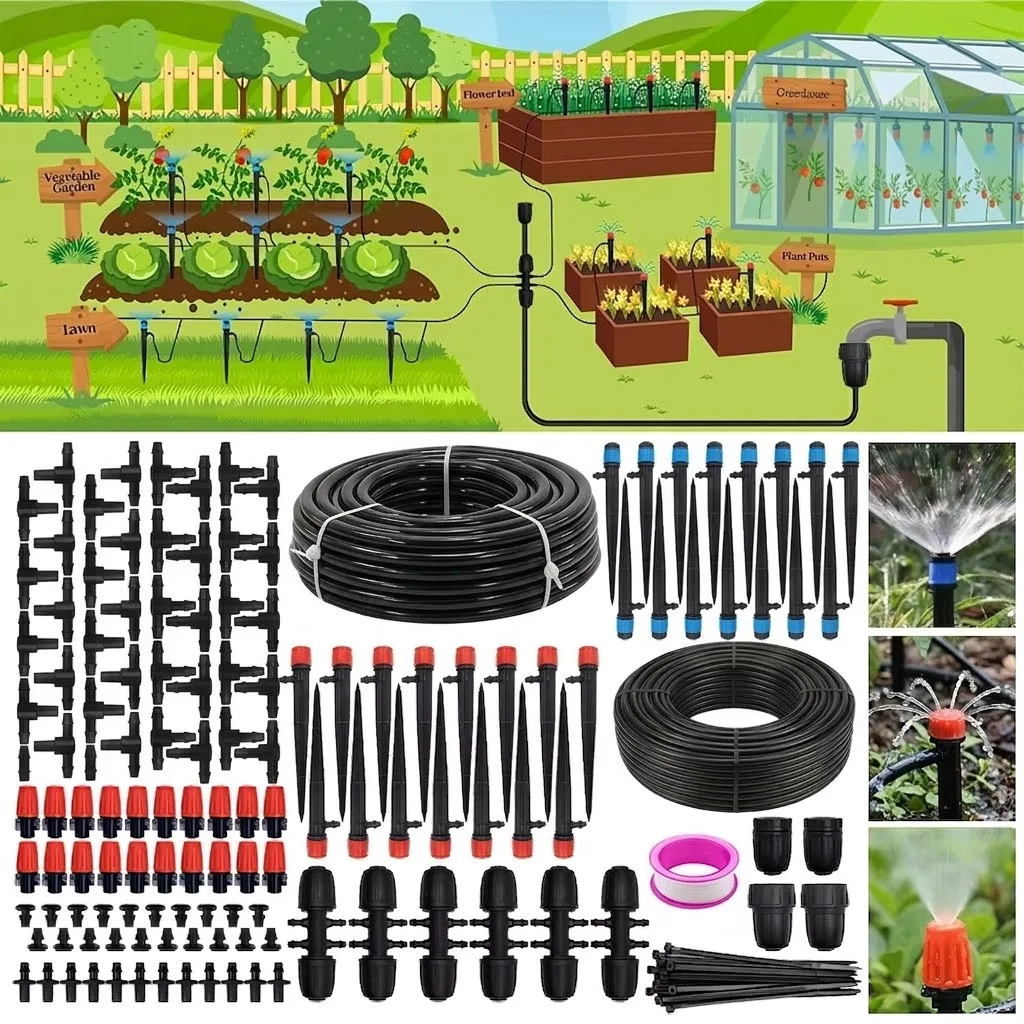Automatic Drip Irrigation Kit 240FT System with 1 2 inch Hose and 1 4 inch Distribution Tubing Accessories for Garden Watering