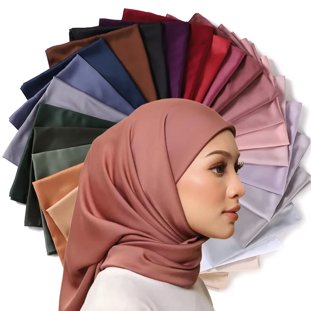 110X110 CM Square Silk Satin Hijab Scarf Women Luxury Medine Silk Veil Muslim Women Hijab Shiny Silk Shawl Hijabs