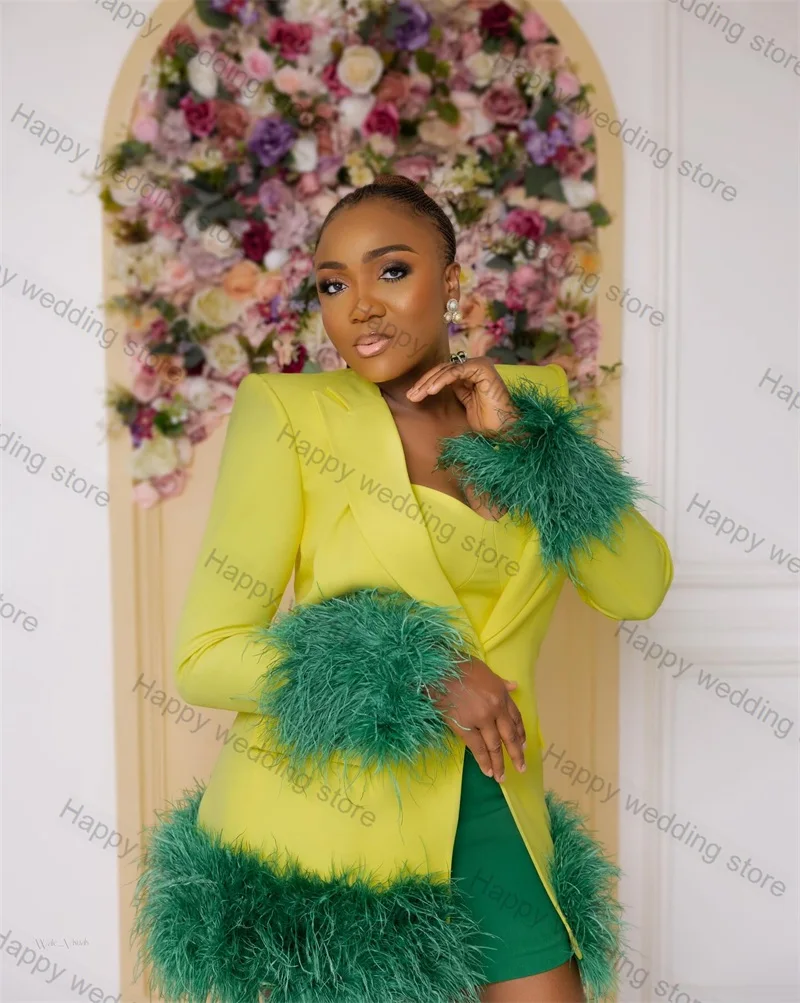 Designer Yellow Green Women Suit Skirt Set 2 Piece Feather Blazer+Short Mini Prom Dress Wedding Tuxedo Tailored Jacket Coat