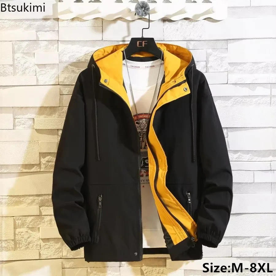 Plus Size 7XL 8XL Hooded Jackets for Men Fashion Color Blocking Casual Coats Loose Windbreaker Jacket Spring Autumn Men Clothing