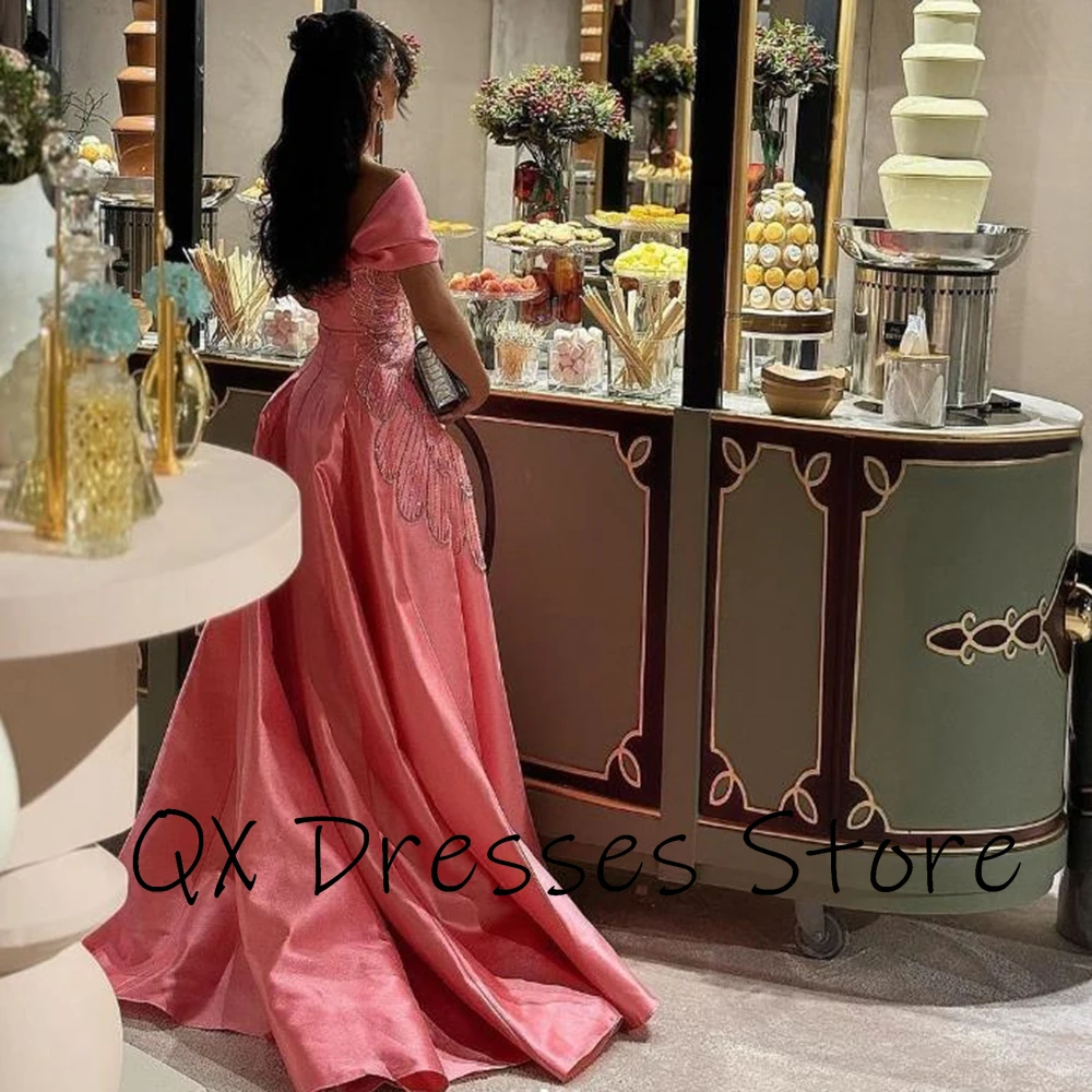 Customized Pink Fashion Boat Neck Satin Evening Dress A-line Sequined Appliques Draped Floor Length Elegant Party Dress Luxury