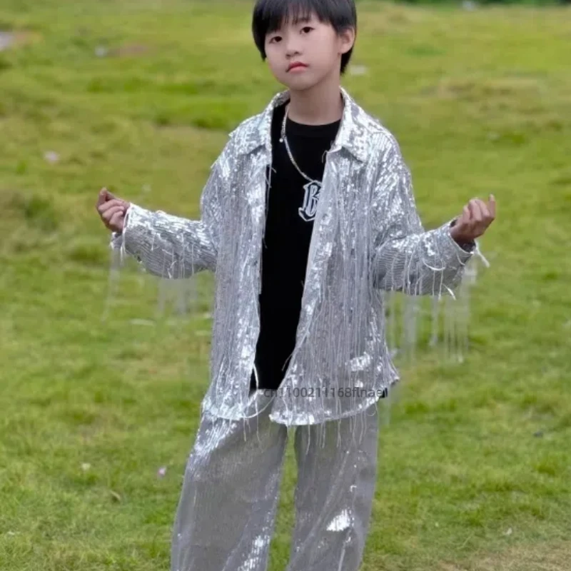 Children's Street Dance Costumes with Sequins and Tassels, Shiny Jazz and Latin Dance Personalized Performance Costumes