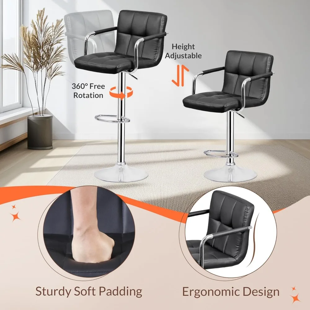Bar Stools Set of 4, Modern PU Leather Adjustable Swivel Barstool with Back and Arms, Airlift Counter Height Chair for Kitchen