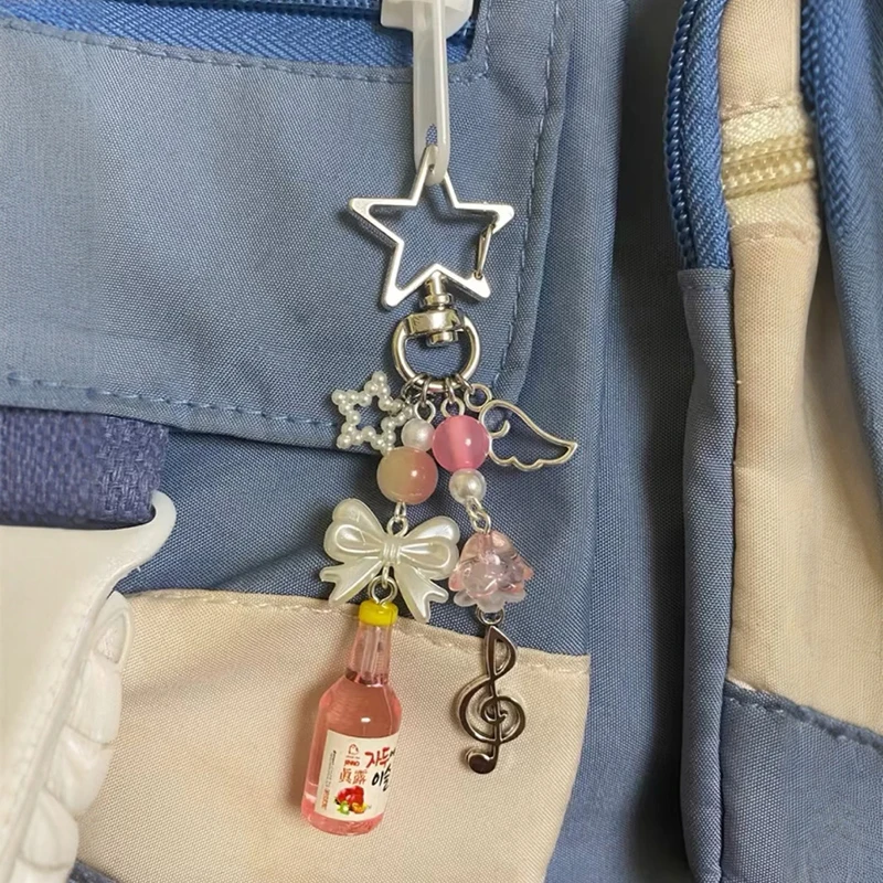 Cute Aesthetic Beaded Star Bow Beverage Bottle Keychain Fashion Funny Keyring Exquisite Backpack Decoration Accessories Gifts