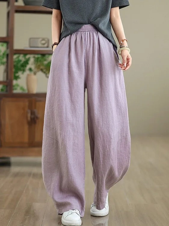 

Хлопково-льняные брюки свободного кроя однотонного цвета, больших размеров, с высокой талией, прямые, летние, повседневные, стройнящие фигуру