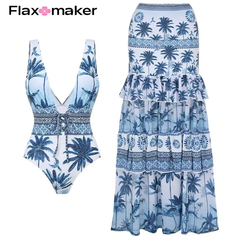 FLAXMAKER Ethnic Printed One Piece Swimsuit and Skirt Women Swimwear Bodysuit Dress