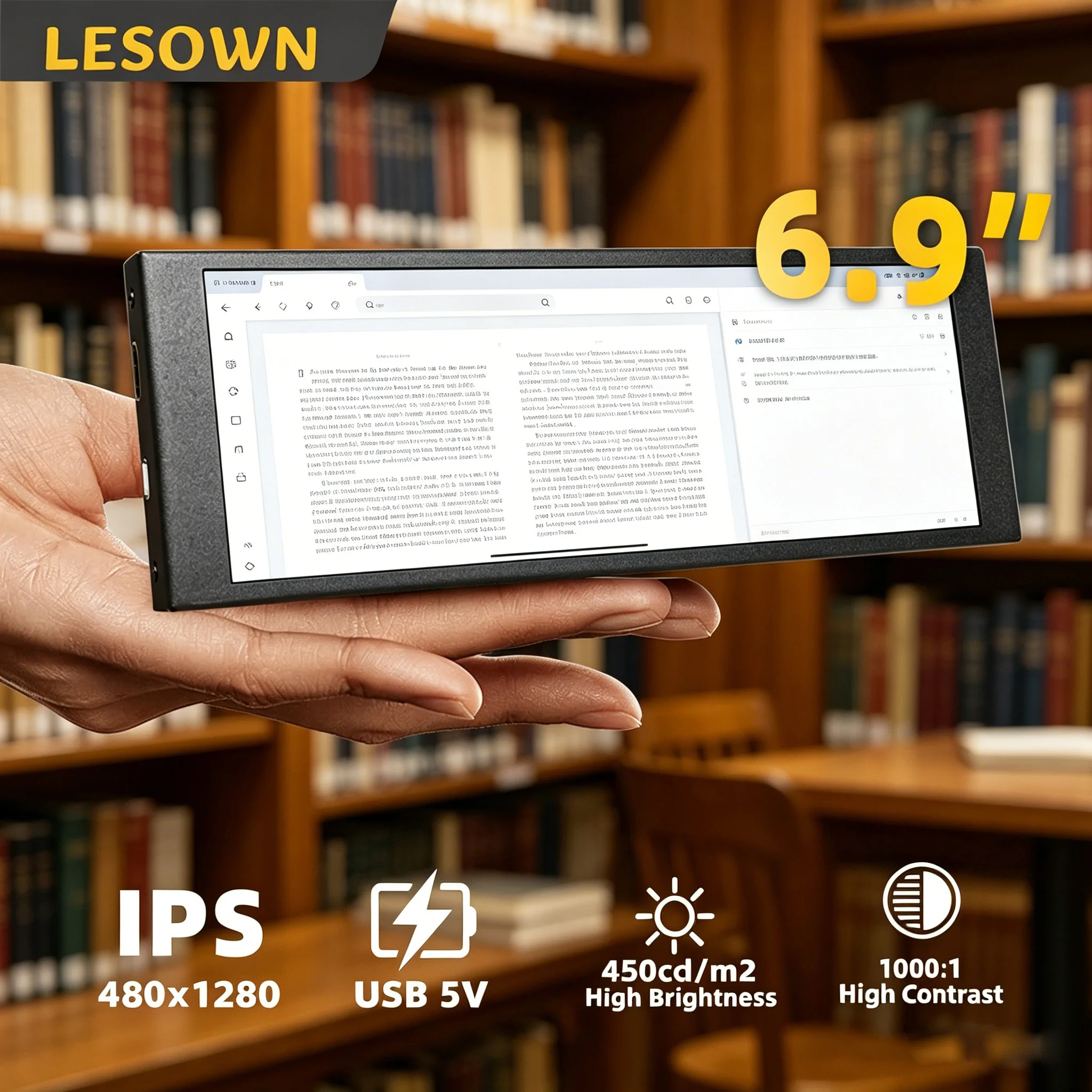 LESOWN Narrow Strip Display 6.9 7.9 8.8 11.3 Inch Portable Monitor Ultra Slim Extended Monitor for Laptop PC Tiny Sidebar Screen