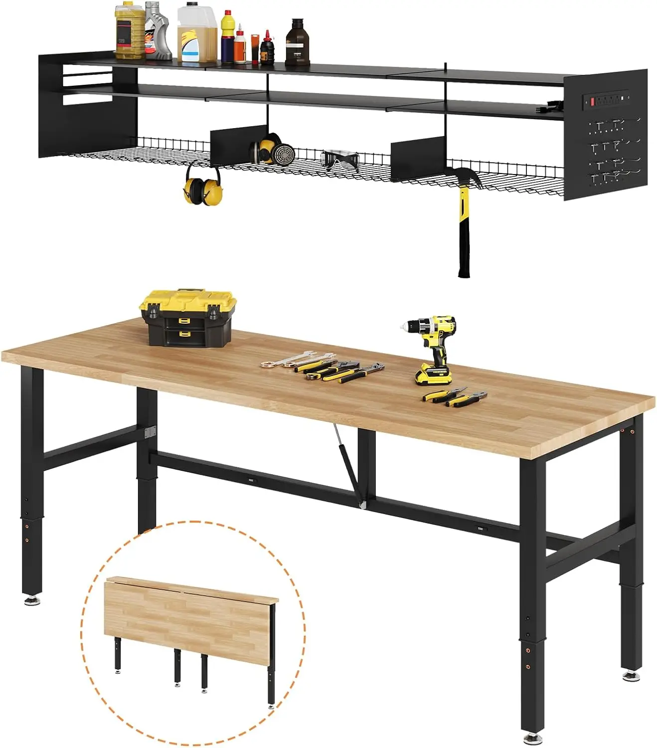72x24 Folding Workbench with Wall-Mounted Tool Rack, Adjustable Foldable Workbench with Power Outlets & Hooks, 2330 LBS Capacity