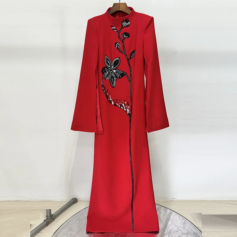 Quality Socialite Dress Long Dress 2026 New Heavy Industry Beads Diamond-Embedded Split Sleeve Dress
