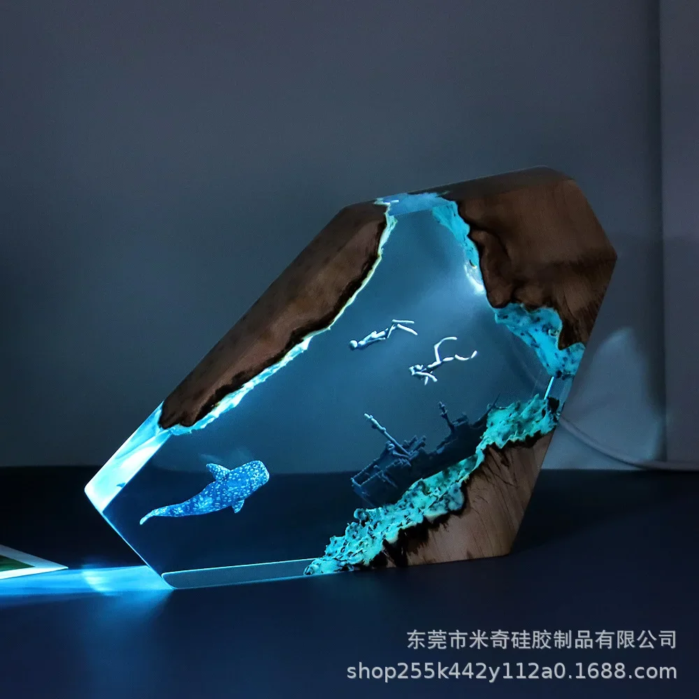 Home Accessories Bedroom Office Desktop Shipwreck Shark Whale Ocean Art Ornament Gift Solid Wood Resin Night Light