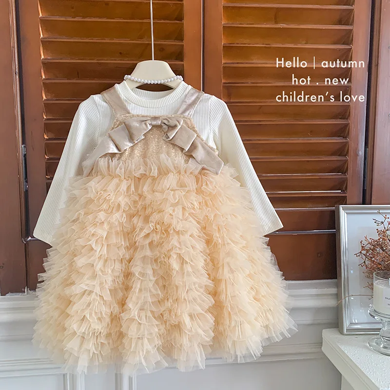 

Girls sequin bow dress2025Autumn New Style Vest Princess Dress Base Shirt Two-Piece Set