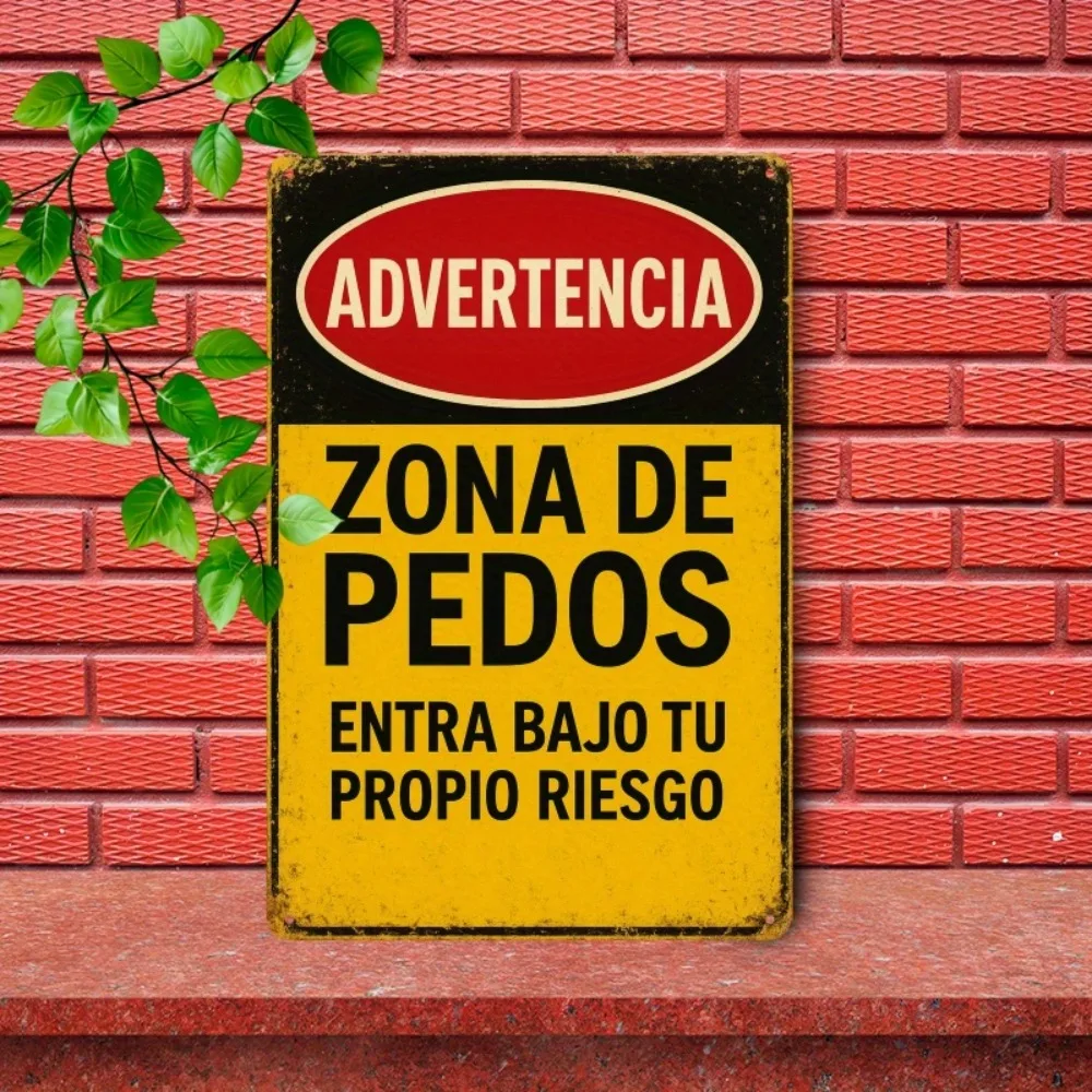 Funny 20x30cm Retro Iron Decor, Bold Yellow Red Design, Easy Install Metal Wall Art, Fart Zone Warning Sign in Spanish -