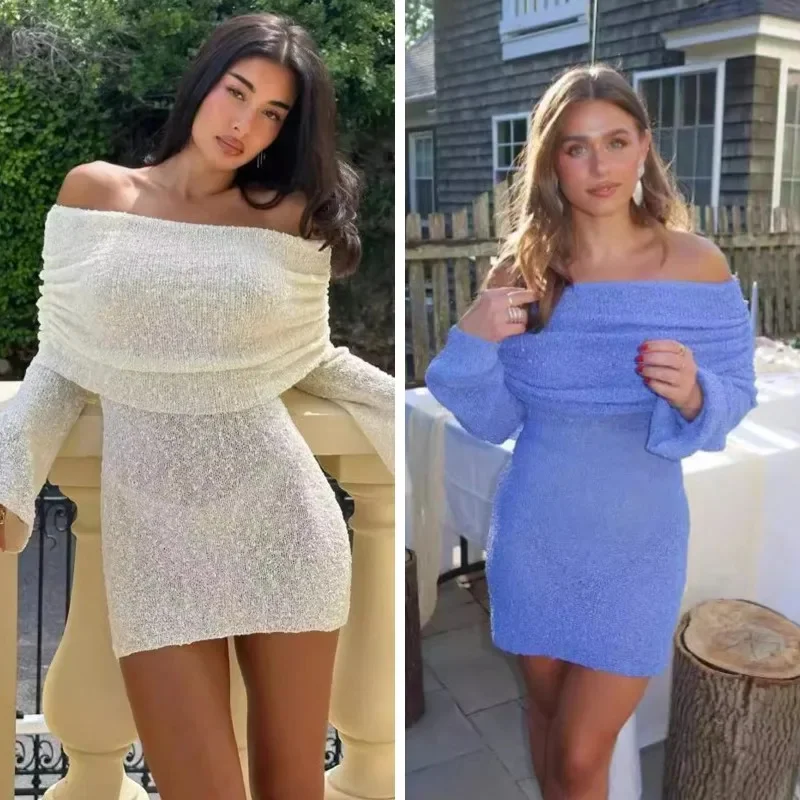 

Knitted Hollow Out Boat Neck Mini Dress Sexy Off-Shoulder Slim-Fitting Dress Summer Beach Vacation Dress Fashion Women Clothing