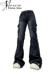 Women's Black Gothic Y2k Cargo Jeans Harajuku Streetwear Baggy Denim Trousers Aesthetic Jean Pants Vintage 2000s Trashy Clothes