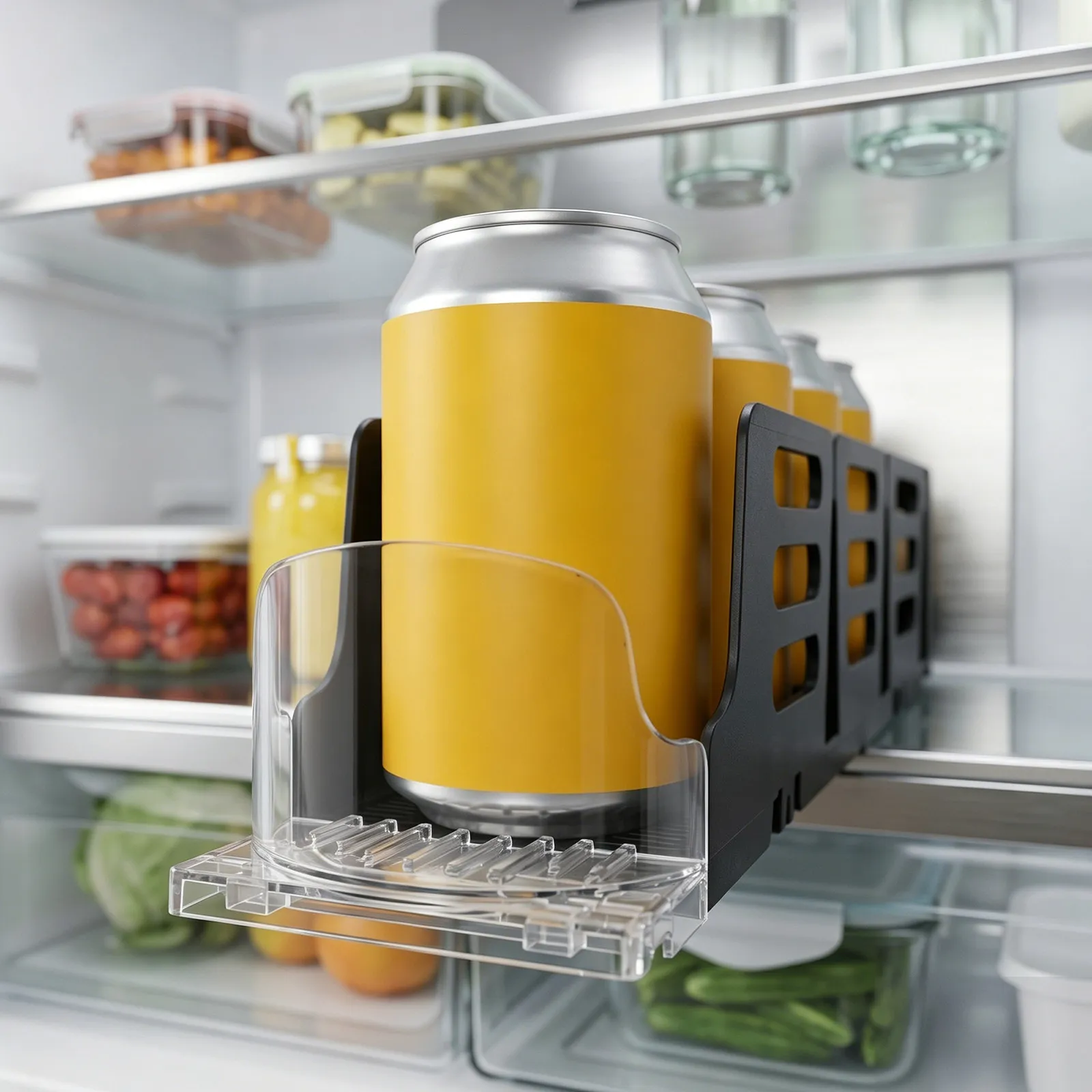 冷蔵庫用自動押し出し式ドリンクオーガナイザー。4本の缶を収納可能。業務用飲料ディスペンサーラック。効率的な補充が可能。