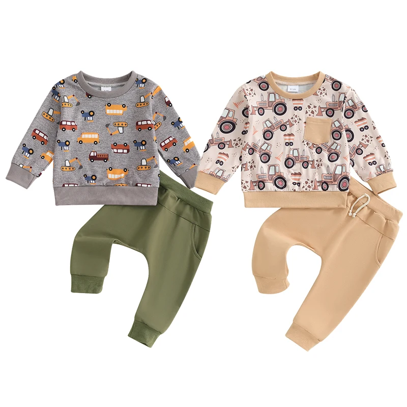 

2024 Vintage Toddler Kids Baby Boy Autumn Clothes Car Digger Print Long Sleeve Sweatshirts Elastic Sweatpants Casual Tracksuits