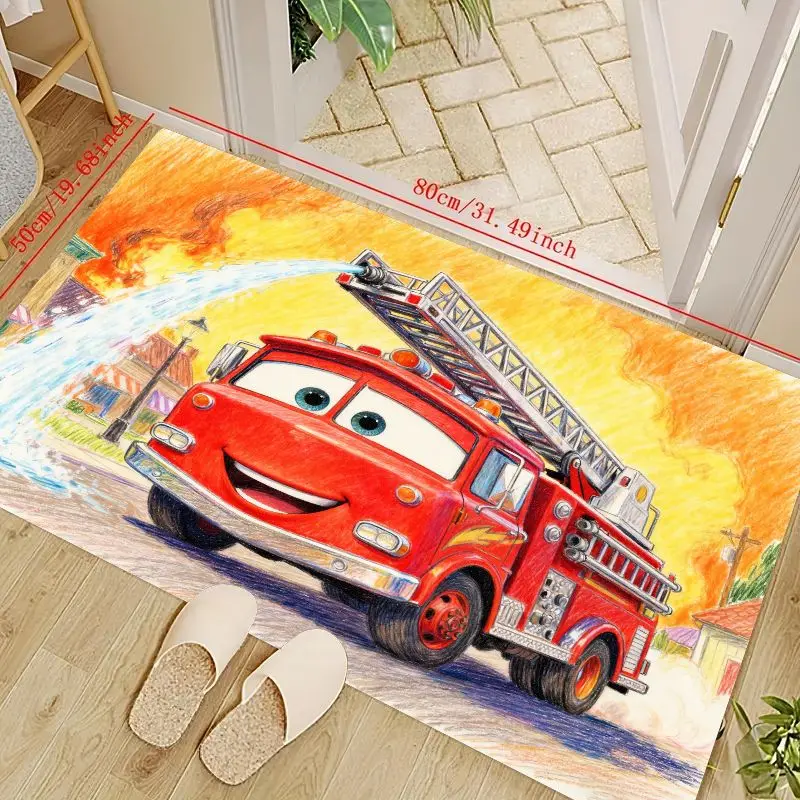 

1PC Cartoon Red Fire Truck Floor Mat for Kids' Playroom Bedroom Living Room, Cute Animated Fire Engine Non-slip Washable Area Ru