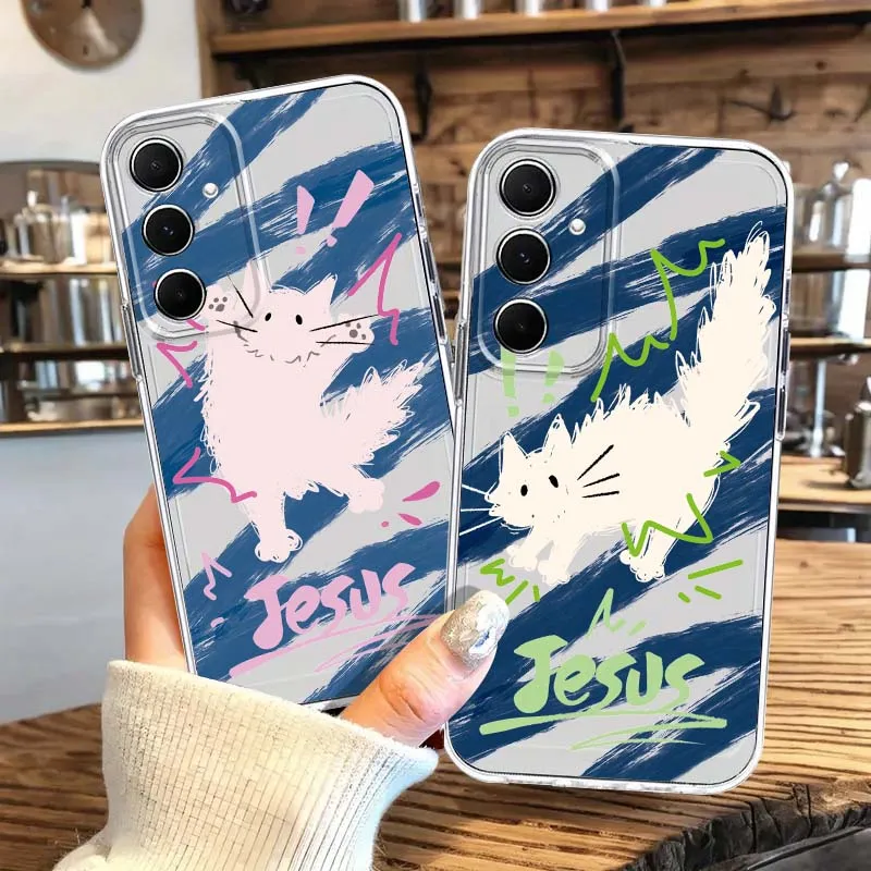 

Cartoon White Cat Art For Samsung Galaxy A73 A72 A71 A70 M56 A55 M55 M54 F54 A53 M53 A52 A52s F42 M40S Phone Case