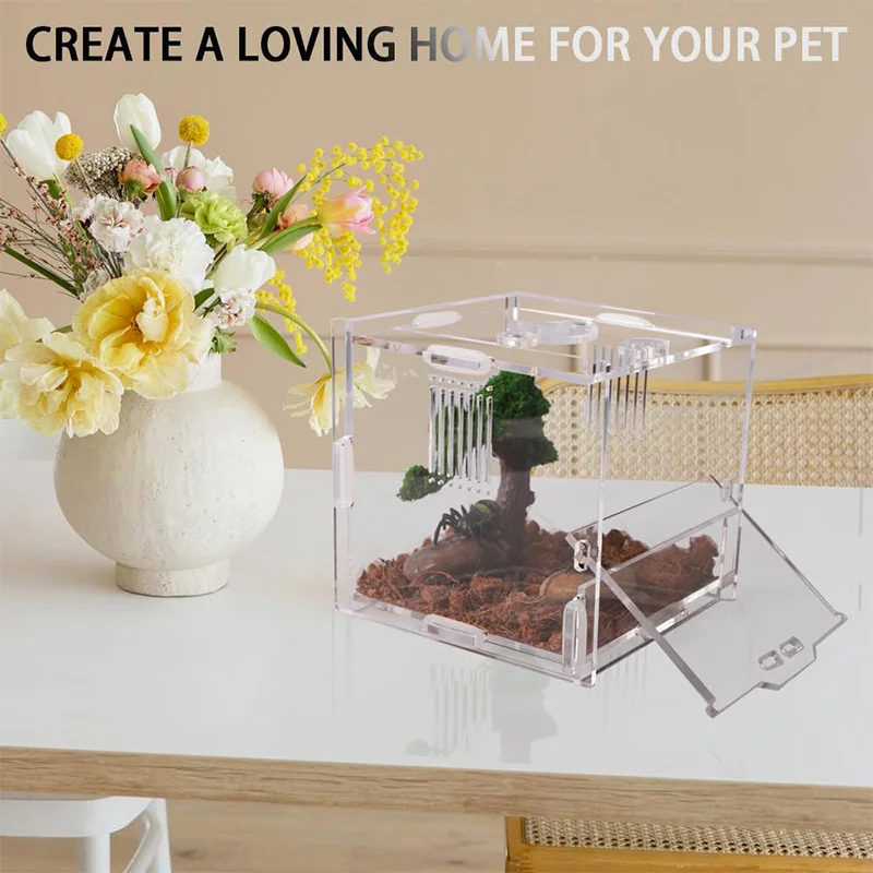 

Mini Insect Breeding Box with Feeding Hole Acrylic Jumping Spider Enclosure Front Door Design Feeding Box for Tarantula Snail