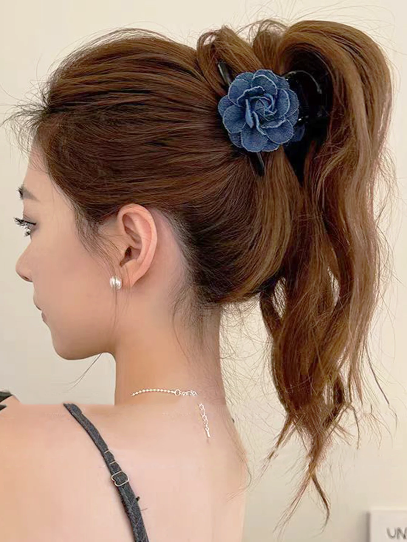 مشبك شعر من أزهار الورد من قماش الدنيم من Lystrfac للنساء والفتيات، مشبك شعر على شكل سمكة قرش، مشبك شعر خلفي، إكسسوارات للشعر #2