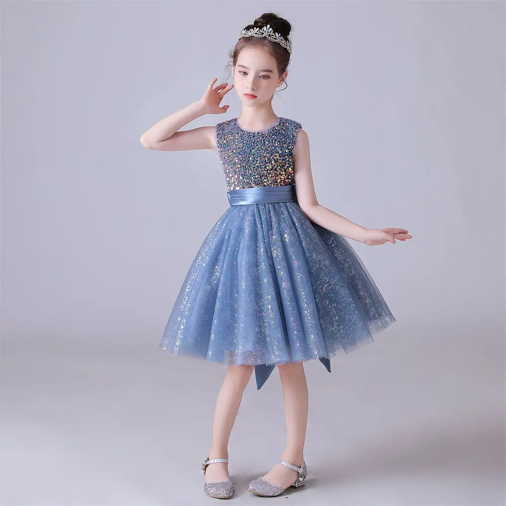 Robe bleue à col rond pour filles, avec nœud brillant, en tulle et paillettes, tenue de princesse formelle pour anniversaire