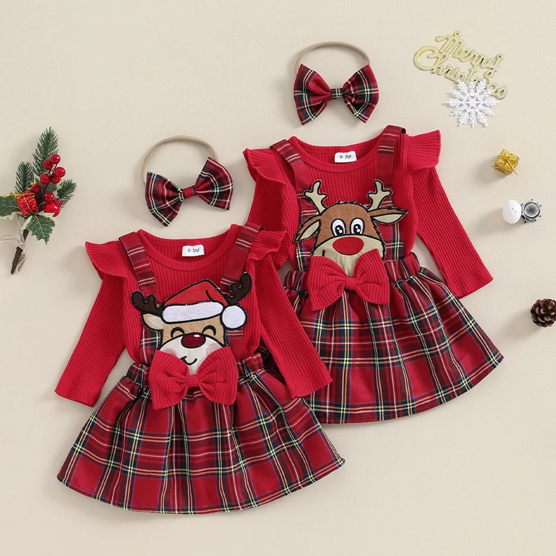 

2023-10-25 Lioraitiin Newborn Baby Girl Christmas Outfit Ruffled Long Sleeve Romper Elk Embroidery Plaid Skirt Bow Headband Set