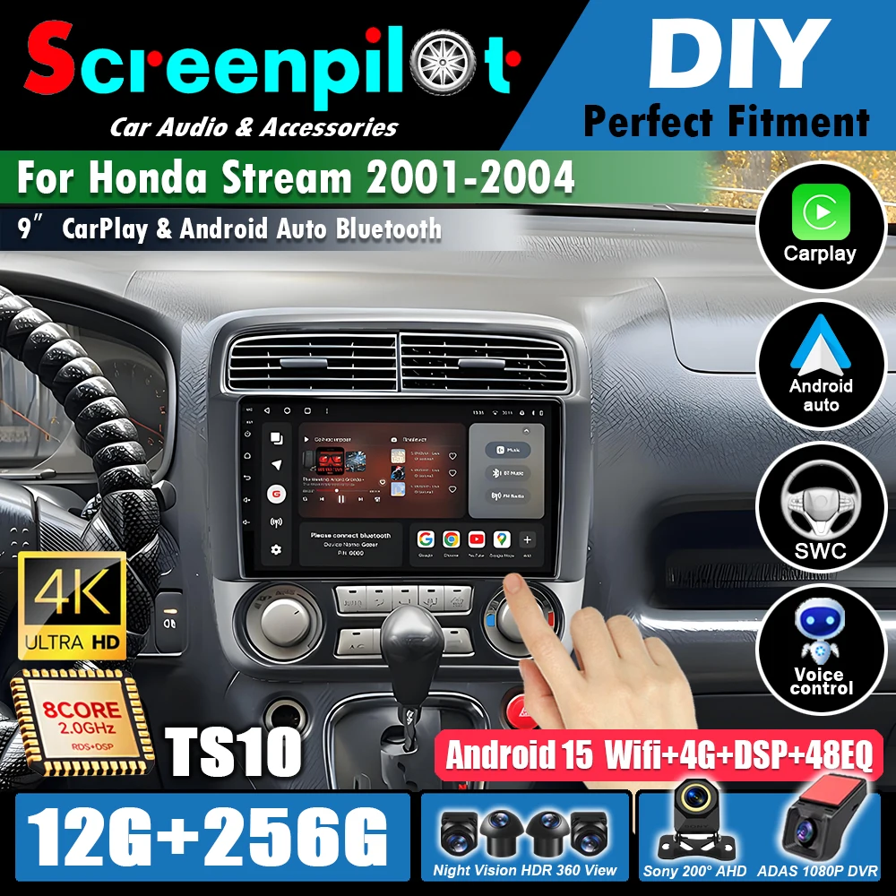 Android 16WIFI+4G Carplay Auto For Honda Stream 2001 2002 2003 2004  Car Radio Player Audio Stereo Multimedia Video GPS BT WiFi