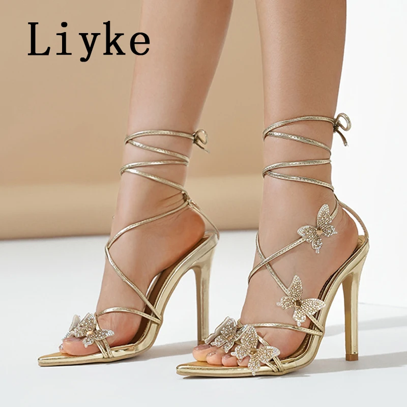 Liyke Summer Fashion Crystal Rhinestone High Heels Modern Sandals Women Sexy Butterfly Narrow Band Open Toe Wedding Party Shoes