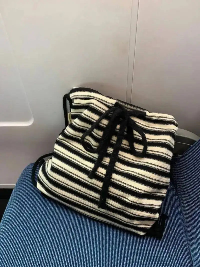Bloom Haruku Striped Casual Mini Backpack Women Retro Drawstring Canvas Backpacks Ladies Vintage Portable Mochila Aesthetics