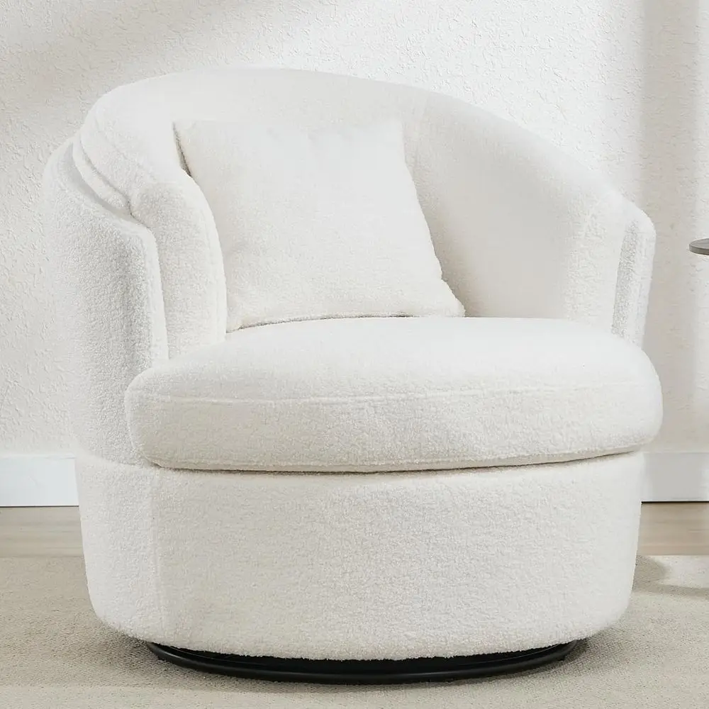 

360° Swivel Barrel Chair with Pillow, Upholstered Sherpa Accent Chair for Comfortable Living or Reading Room, White