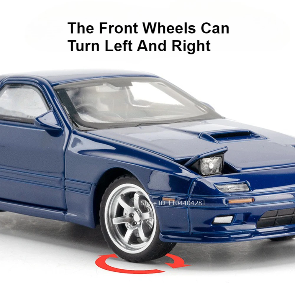 Modelos RX7 MX5 1:32, coches de juguete fundidos a presión de aleación con luz de sonido, vehículos en miniatura abiertos de 4 puertas para regalos del Día de los niños