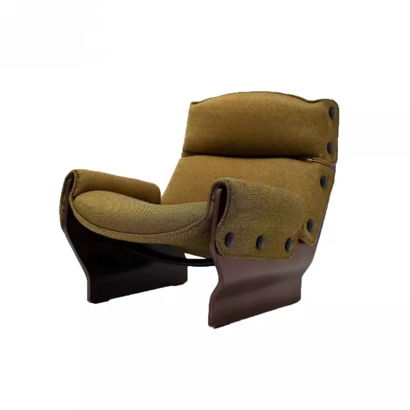 Retro designer wabi-sabi wind solid wood special-shaped fabric living room model room casual button sofa chair