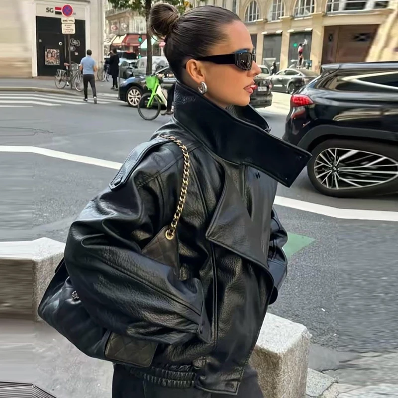 HXAO Černé bundy z umělé kůže pro ženy, nový přírůstek, zkrácená nadměrná bomber bunda s dlouhým rukávem na zip, kabáty a motocyklové bundy - náhled 4